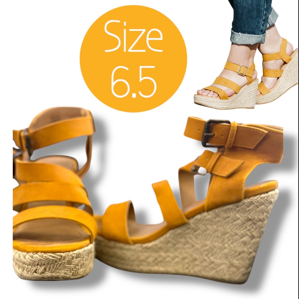 Women Wedges, Fall/Summer Heels, Suede Wedge Sandals, Pool Party Shoes, Mustard